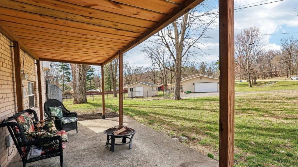 Cozy covered patio with chairs, fire pit, and open backyard view.