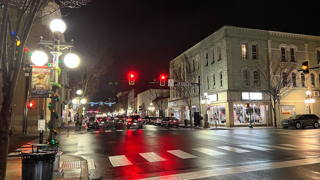 Downtown Lock Haven at night at the intersection of East Main Street and North Grove Street