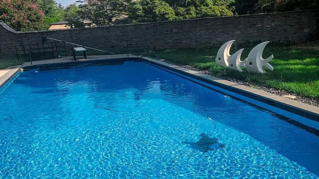 A refreshing pool with clear blue water, a diving board, and fish sculptures beside a stone wall and green lawn.