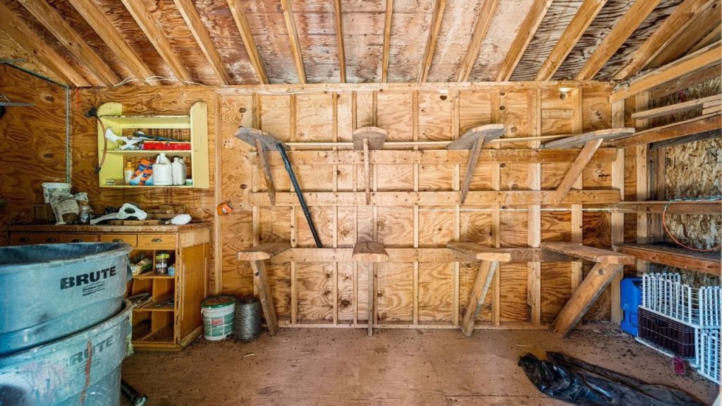 Rustic workshop with plywood walls, shelves, and tool storage.