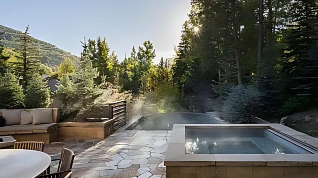 Stone patio with hot tub, pool, and forest backdrop.