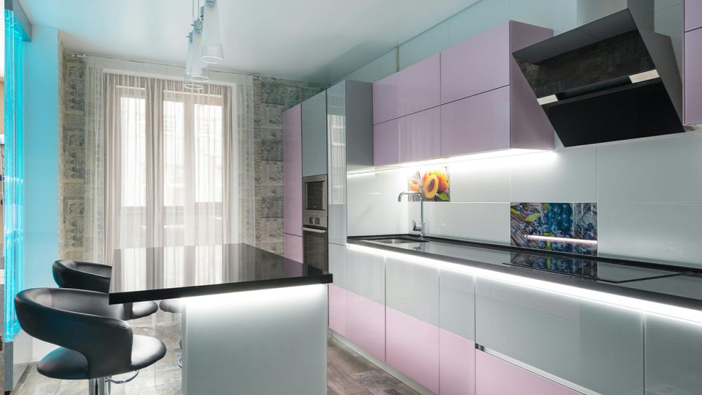Modern kitchen with pink cupboards