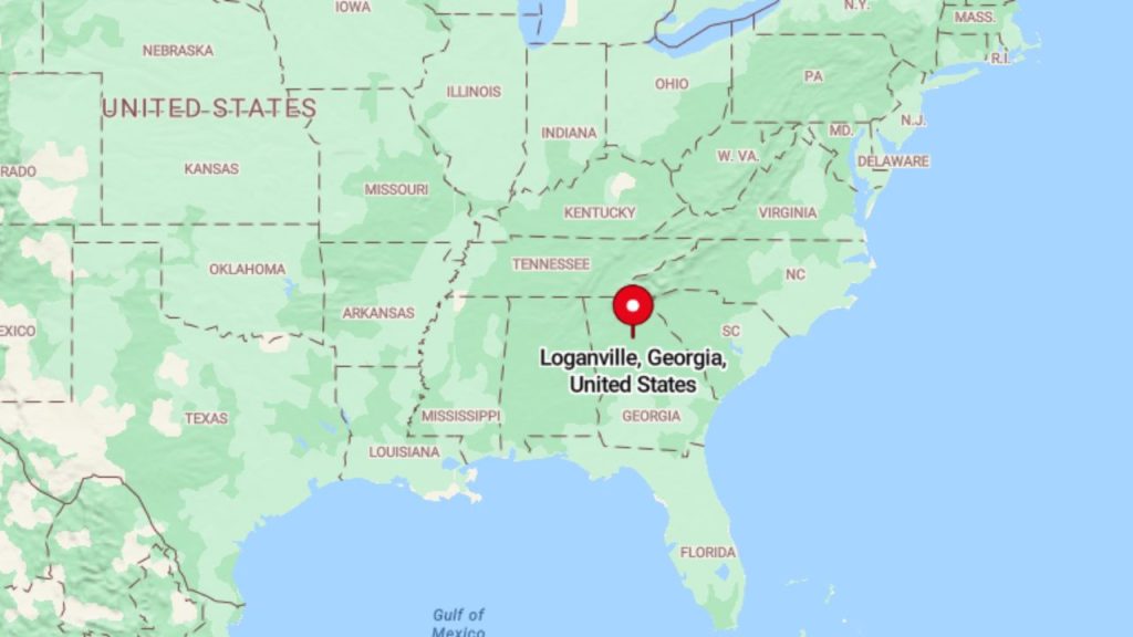Map showing Loganville, Georgia in the southeastern United States.