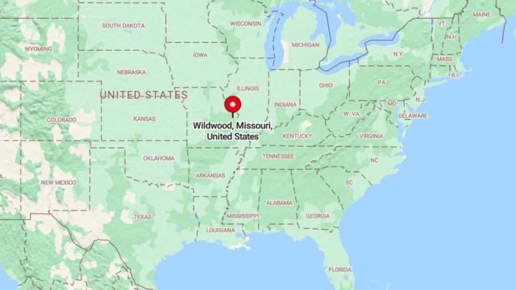 A map highlighting Wildwood, Missouri, in the United States.