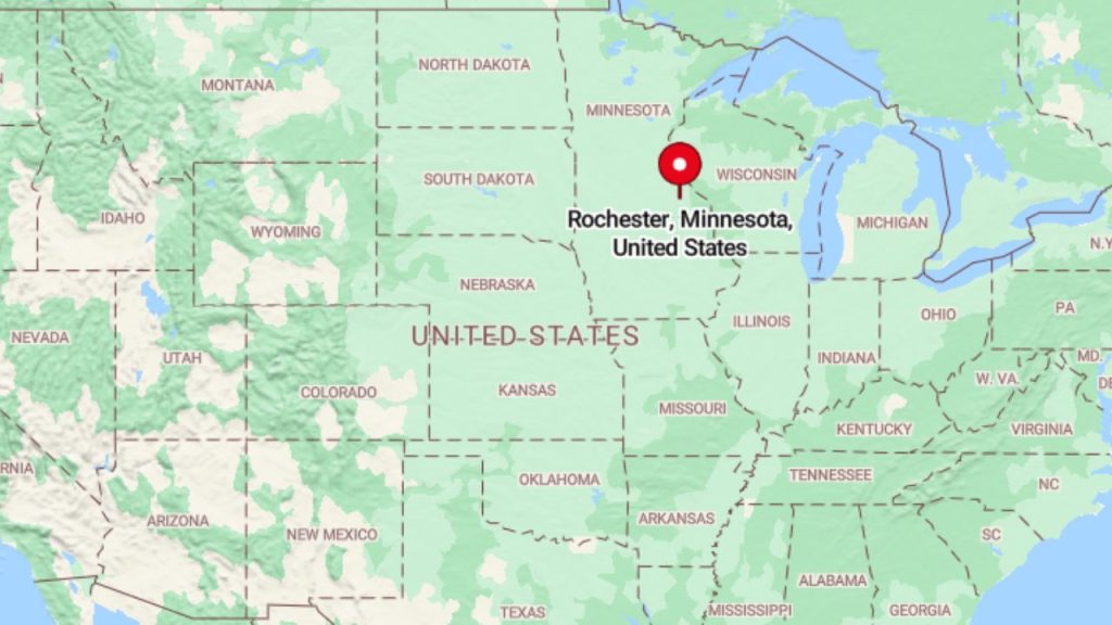 Map highlighting Rochester, Minnesota and surrounding states.