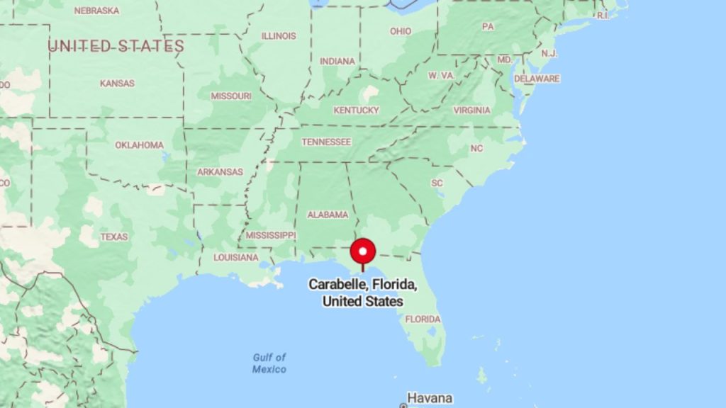 Map pinpointing Carrabelle, Florida on the Gulf Coast of the southeastern United States.