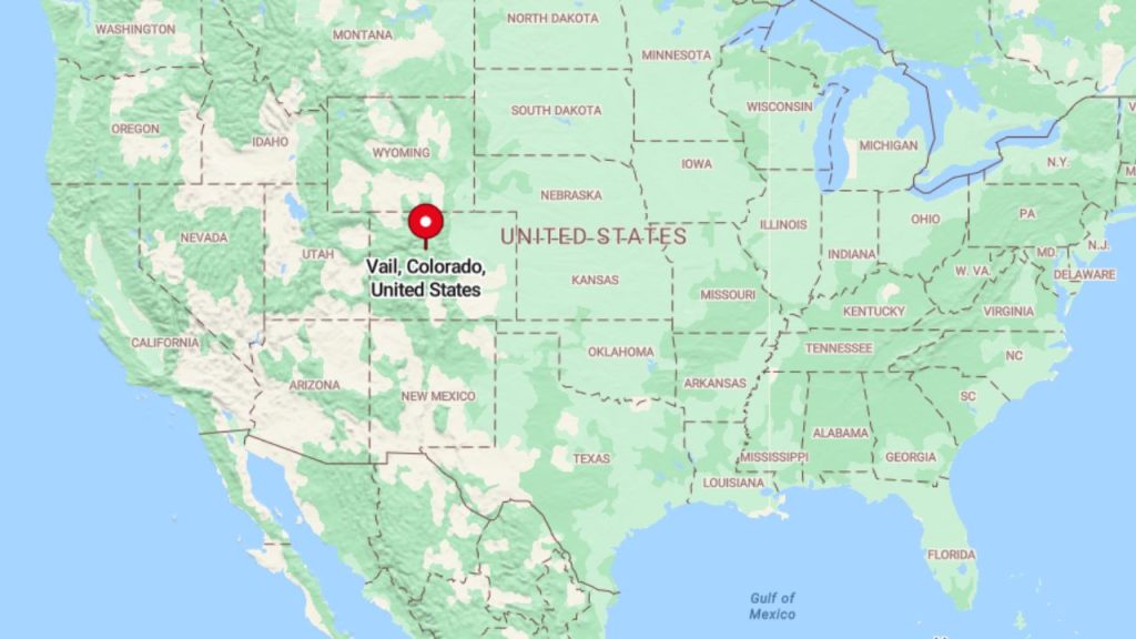 A US map with a red pin marking Vail, Colorado, in the Rocky Mountains.