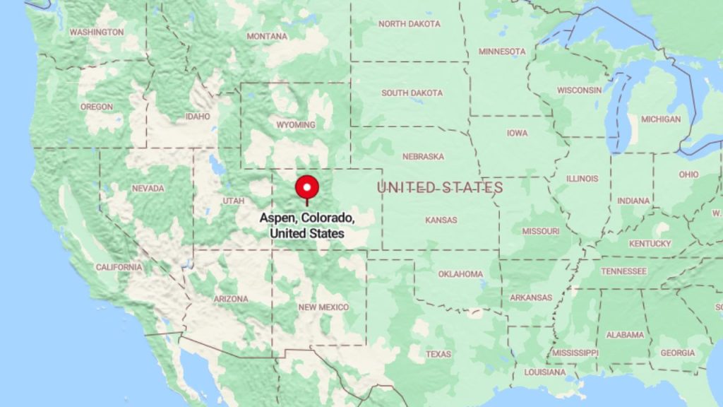 Map showing Aspen, Colorado, highlighting its location in the United States.
