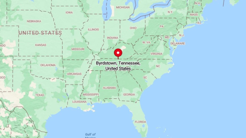 A map highlighting Byrdstown, Tennessee, in the southeastern United States.