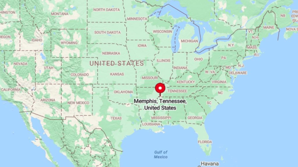 Map showing Memphis, Tennessee, marked in the southeastern United States.