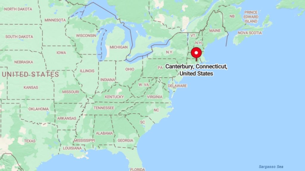 Map showing Canterbury, Connecticut in the northeastern United States.