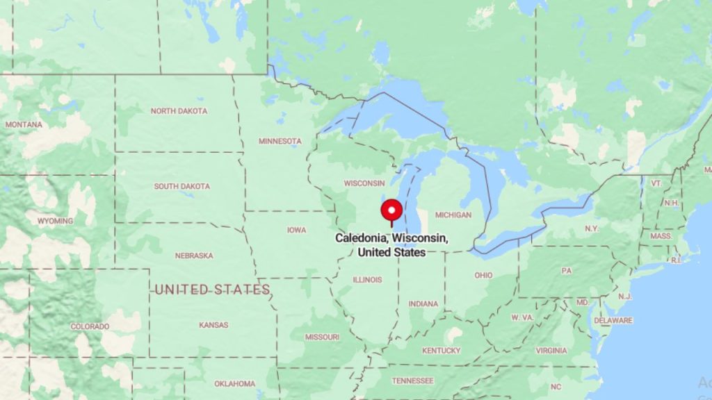 A map highlighting Caledonia, Wisconsin, a peaceful town near Lake Michigan, south of Milwaukee in the United States.
