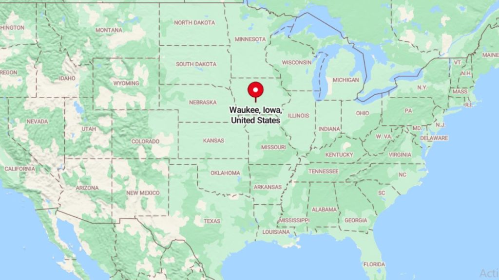 A map highlighting Waukee, Iowa, in the central United States, surrounded by states like Nebraska, Missouri, and Illinois.