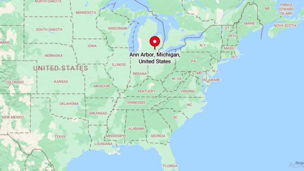 A map highlighting Ann Arbor, Michigan, with a red pin marking its location in the United States.
