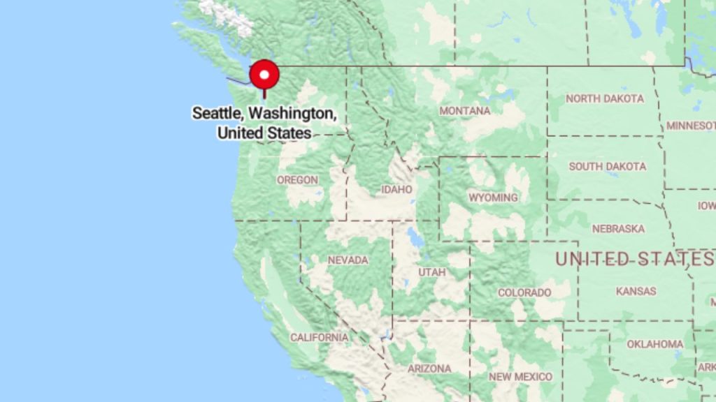 Map of the western United States highlighting Seattle, Washington.