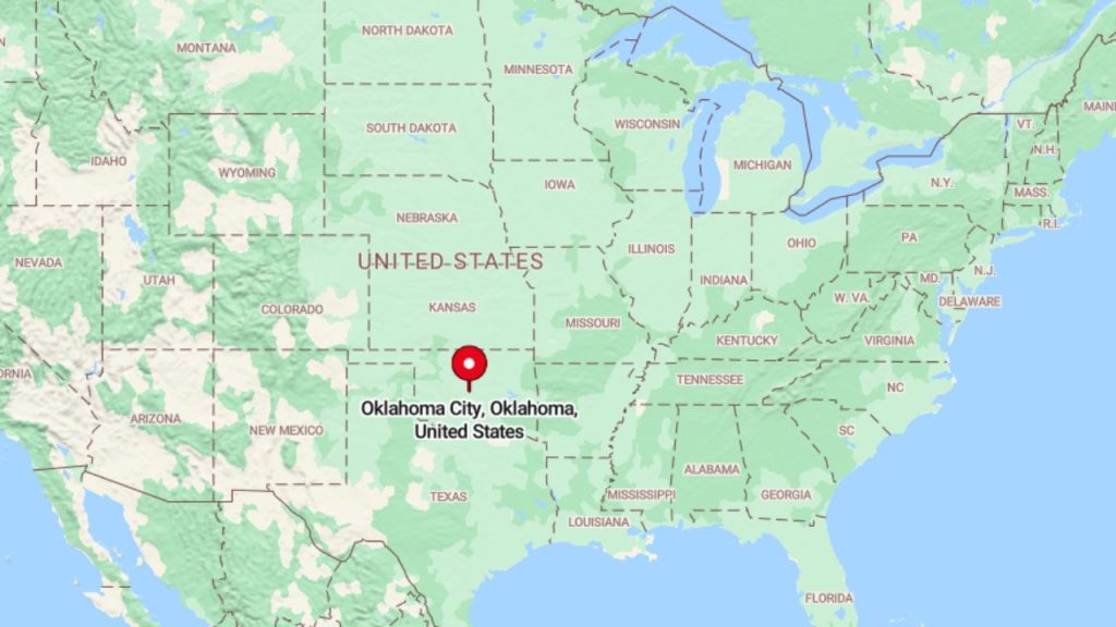 A map of the United States highlighting Oklahoma City with a red pin, surrounded by states like Texas and Kansas