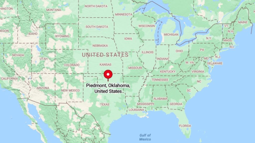 Map showing Piedmont, Oklahoma marked in the central U.S.