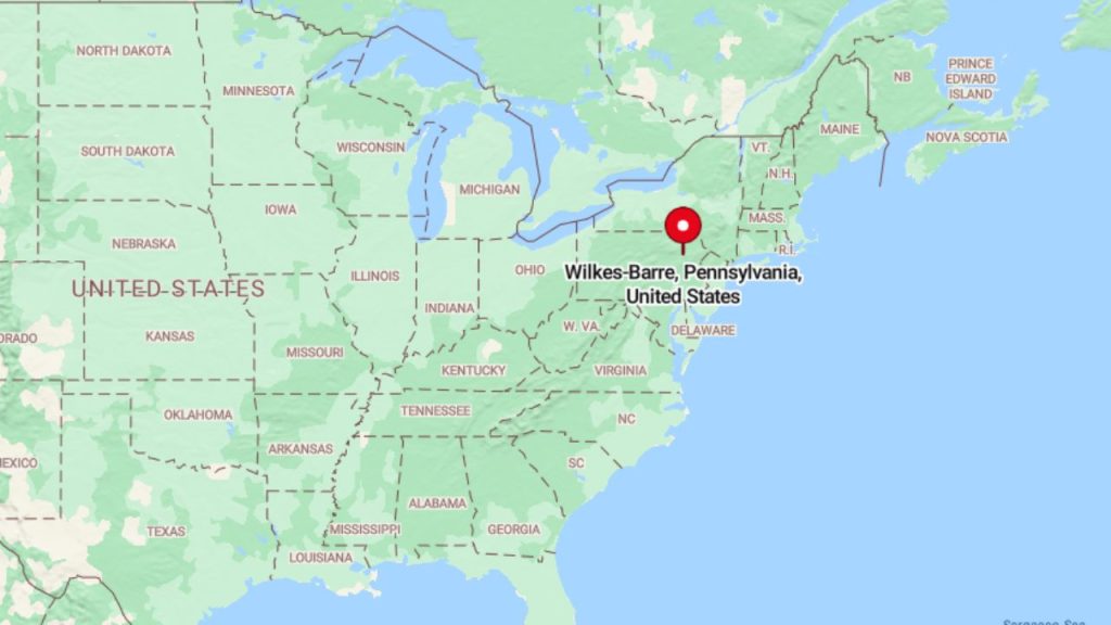 A map highlighting Wilkes-Barre, Pennsylvania, in the northeastern U.S., with a red pin marking its location.