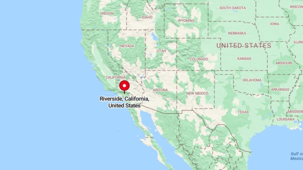 A map of the United States highlighting Riverside, California, with a red pin marking its location in Southern California.