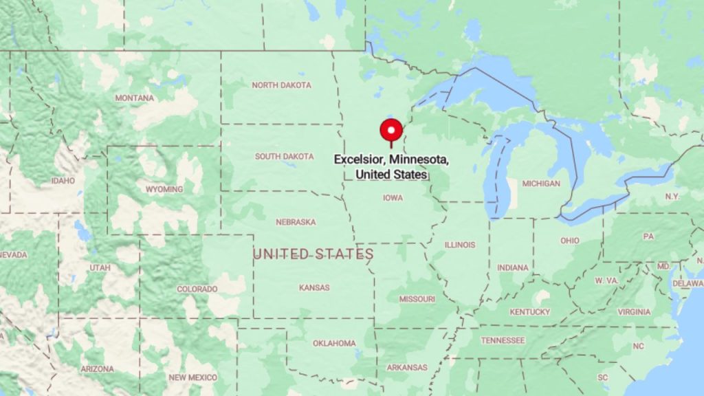 A map highlighting Excelsior, Minnesota, on the shores of Lake Minnetonka in the United States.