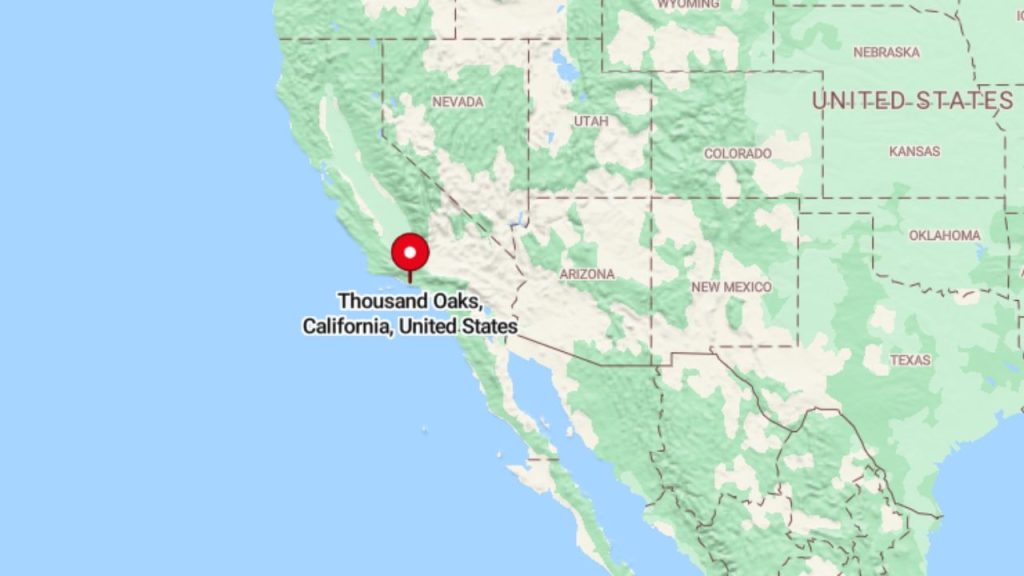 A map highlighting Thousand Oaks, California, with a red pin marking its location in Ventura County, near the Pacific coast.
