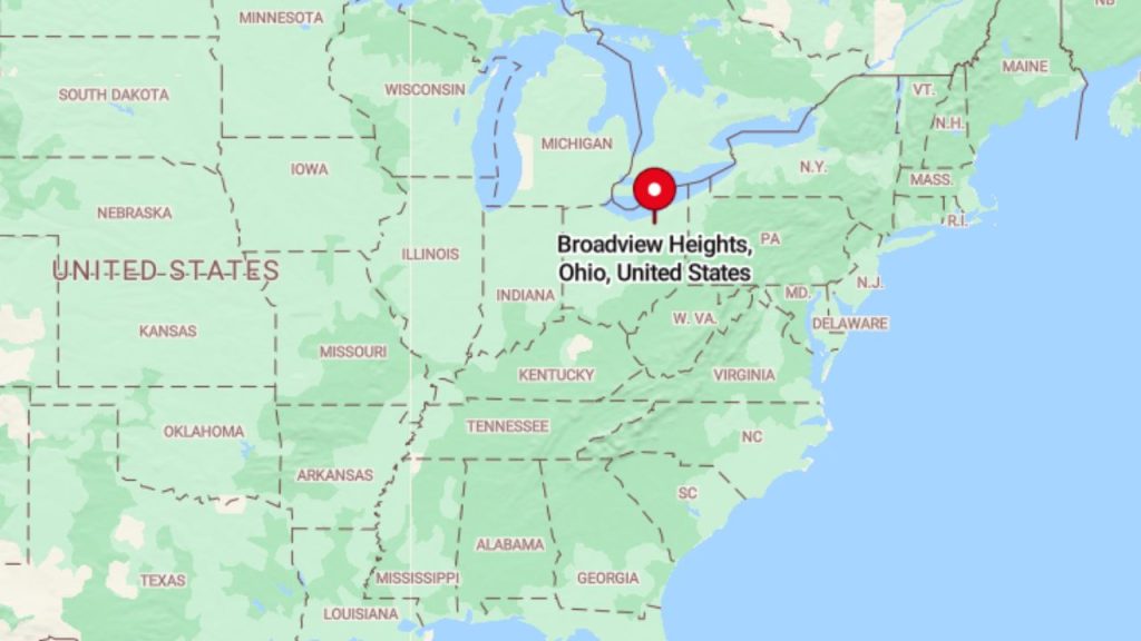 A map highlighting Broadview Heights, Ohio, near Lake Erie, with surrounding states like Michigan and Pennsylvania.