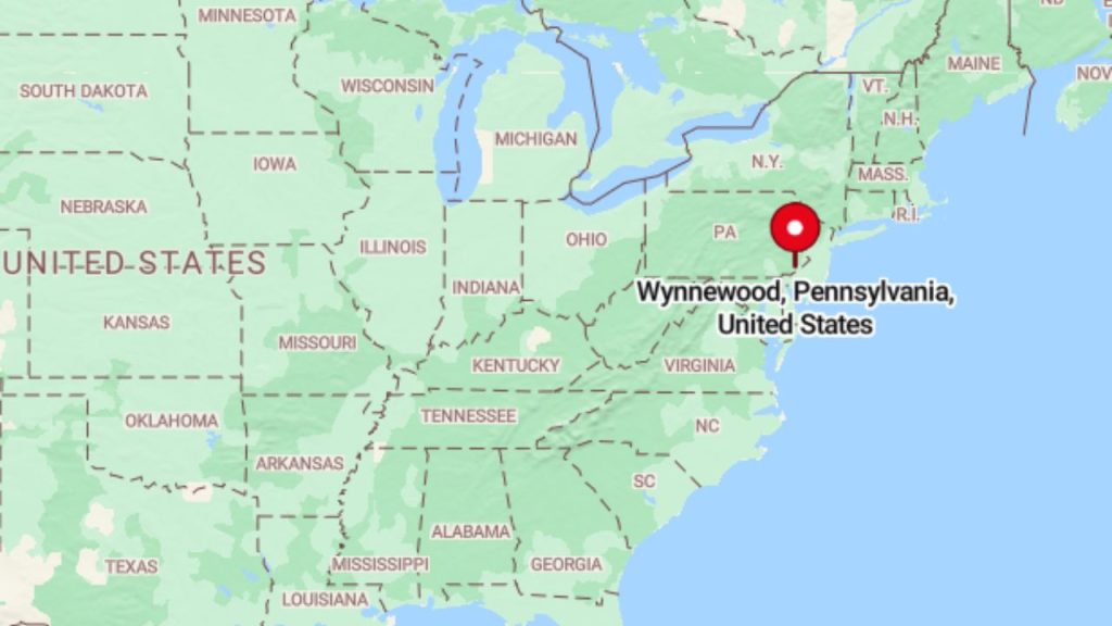 A map highlighting Wynnewood, Pennsylvania, with a red pin marking its location in the eastern United States.
