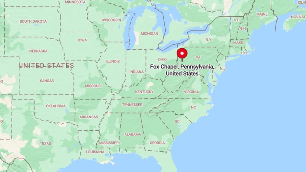 A map highlighting Fox Chapel, Pennsylvania, in the United States, with a pin marking its location northeast of Pittsburgh.