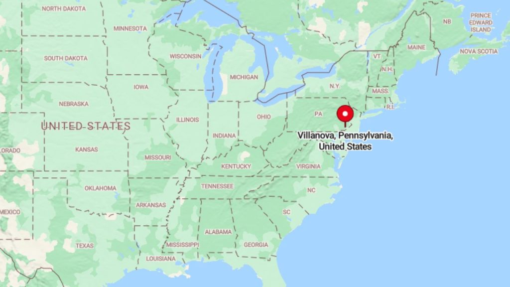 A map highlighting Villanova, Pennsylvania, in the eastern United States.