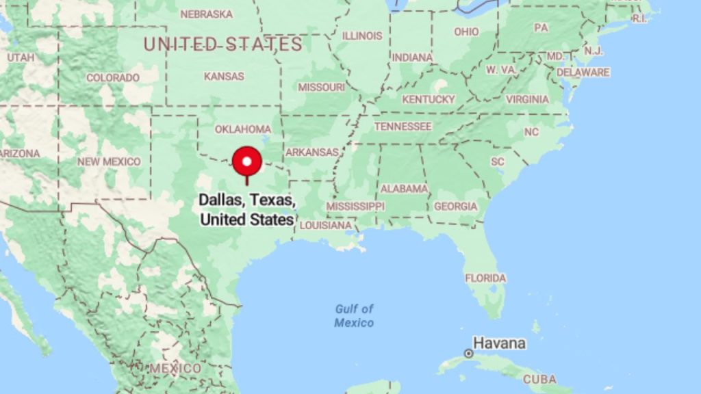 A map highlighting Dallas, Texas, with a red pin marking its location in the United States.