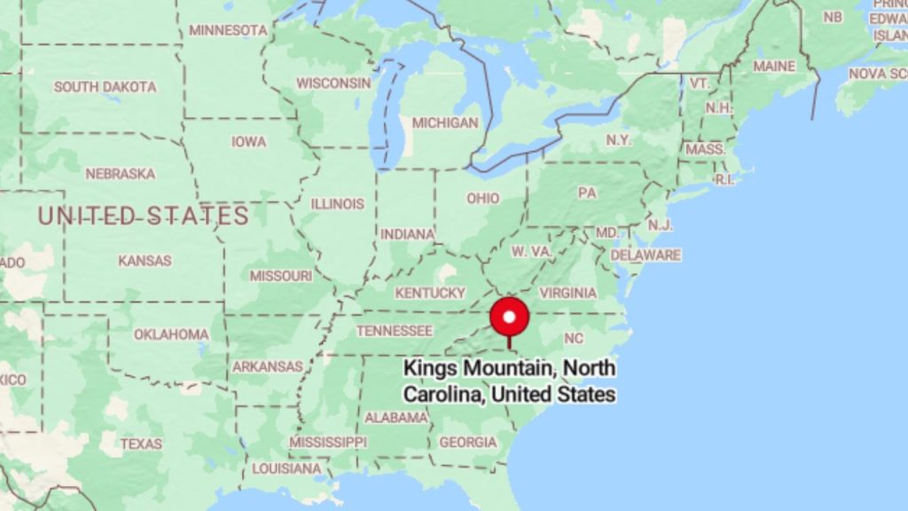 Map showing Kings Mountain, North Carolina, in the southeastern U.S.