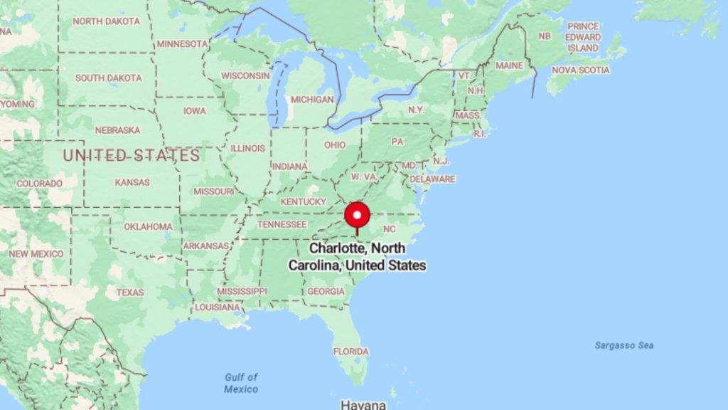 A map highlighting Charlotte, North Carolina, in the southeastern United States.