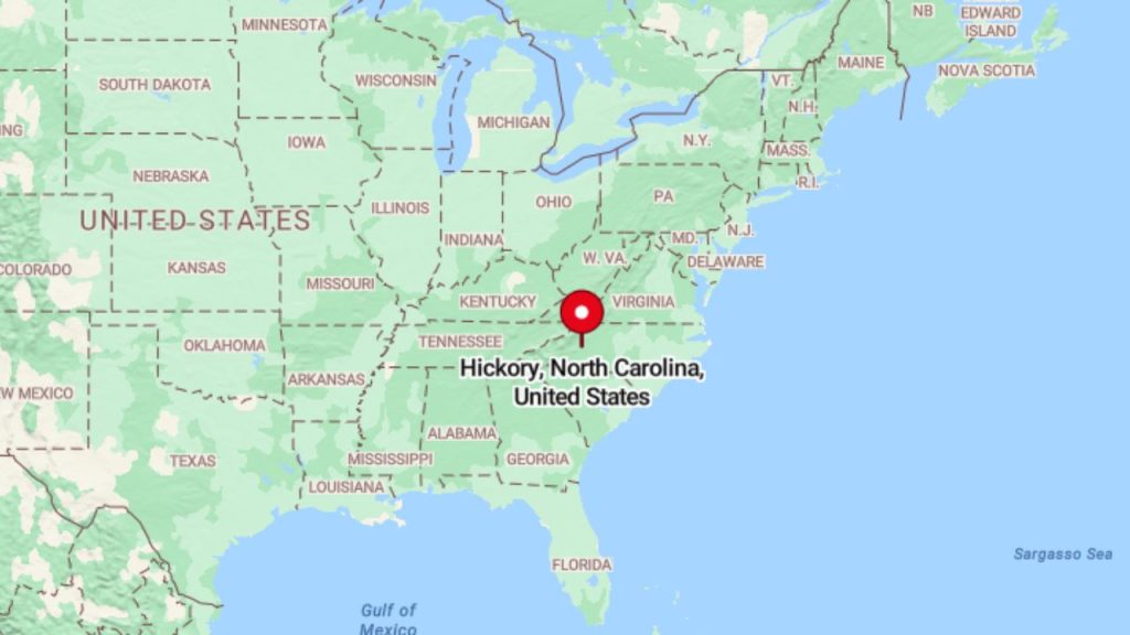A map highlighting Hickory, North Carolina, marked with a red pin in the eastern United States.