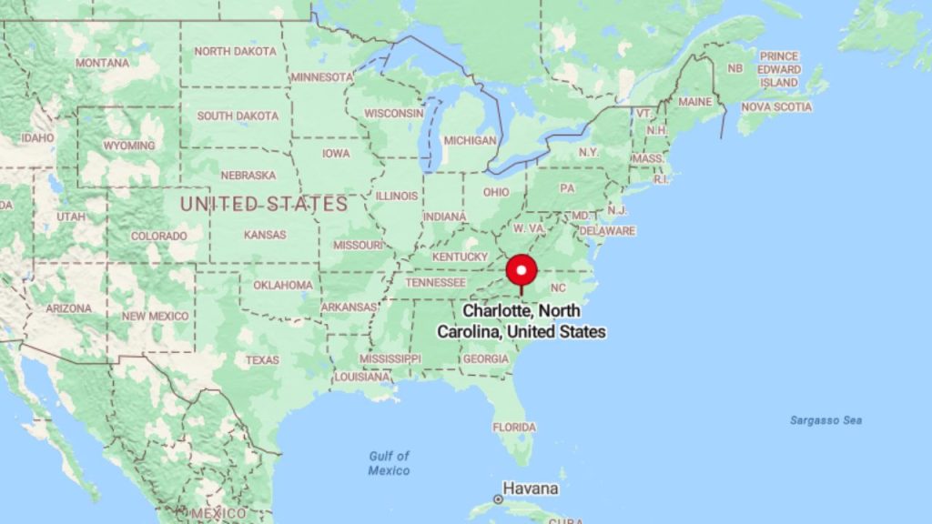 A map highlighting Charlotte, North Carolina, in the southeastern United States.