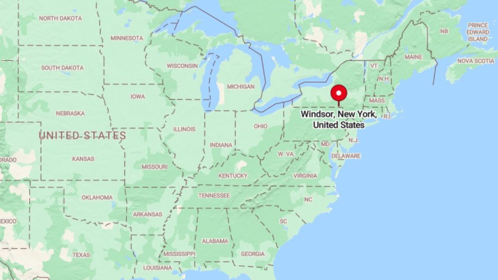 A map highlighting Windsor, New York, in the eastern United States, marked with a red pin.