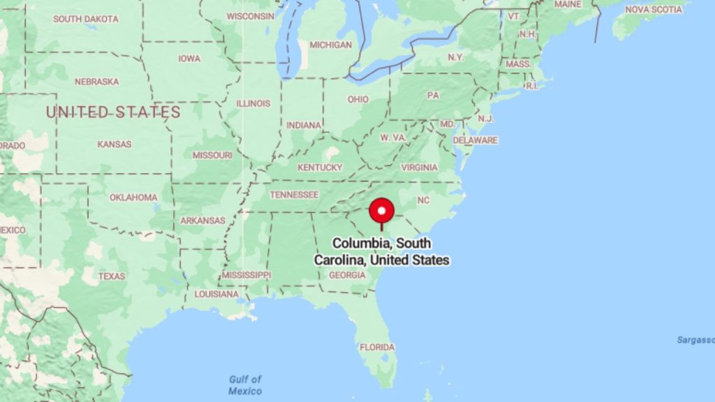 A map highlighting Columbia, South Carolina, marked with a red pin in the southeastern United States.