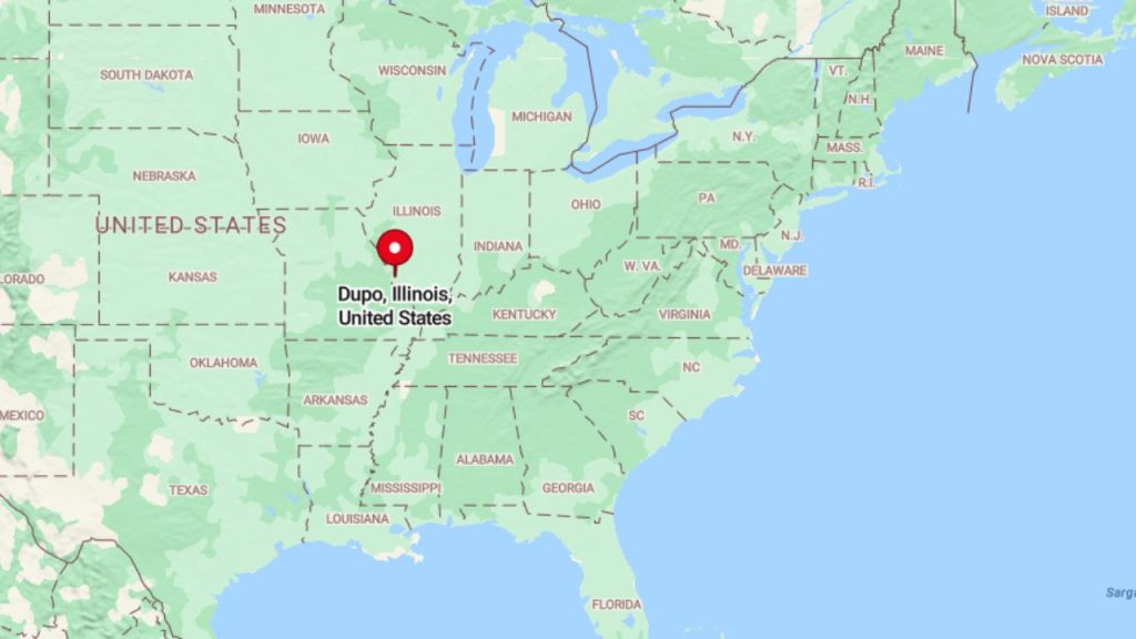A map highlighting Dupo, Illinois, a charming small town near St. Louis, marked with a red pin on a green and blue U.S. map.
