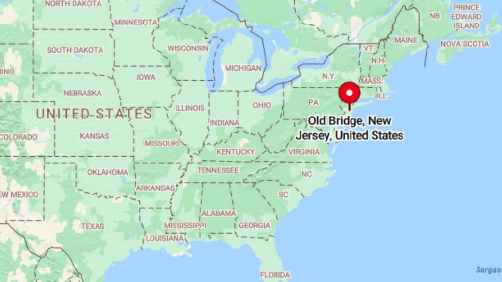 A map highlighting Old Bridge, New Jersey, on the East Coast of the United States, marked with a red pin.