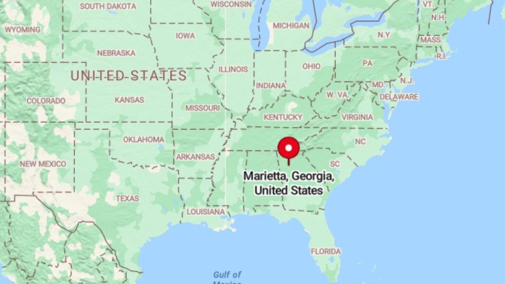 A map of the United States highlighting Marietta, Georgia, with a red pin marking its location northwest of Atlanta.