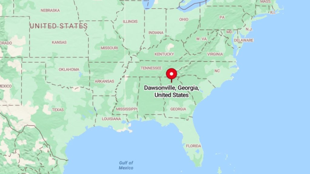 A map highlighting Dawsonville, Georgia, in the southeastern United States, marked with a red pin.