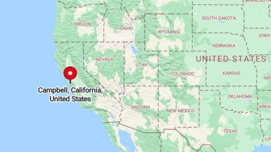 A map of the United States with a red pin marking Campbell, California, in Silicon Valley.