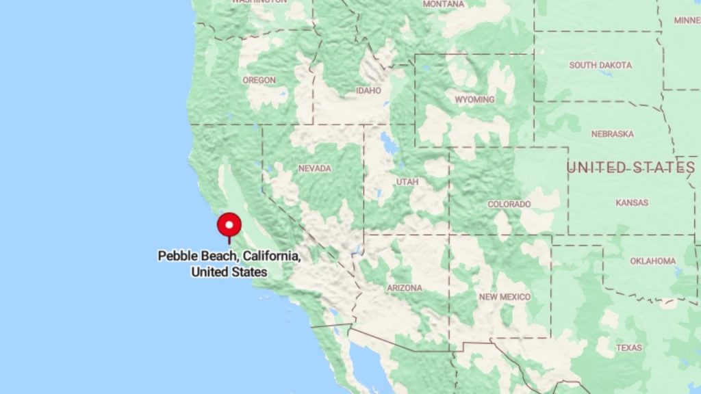 A map highlighting Pebble Beach, California, with a red pin marking its scenic spot along the coast.