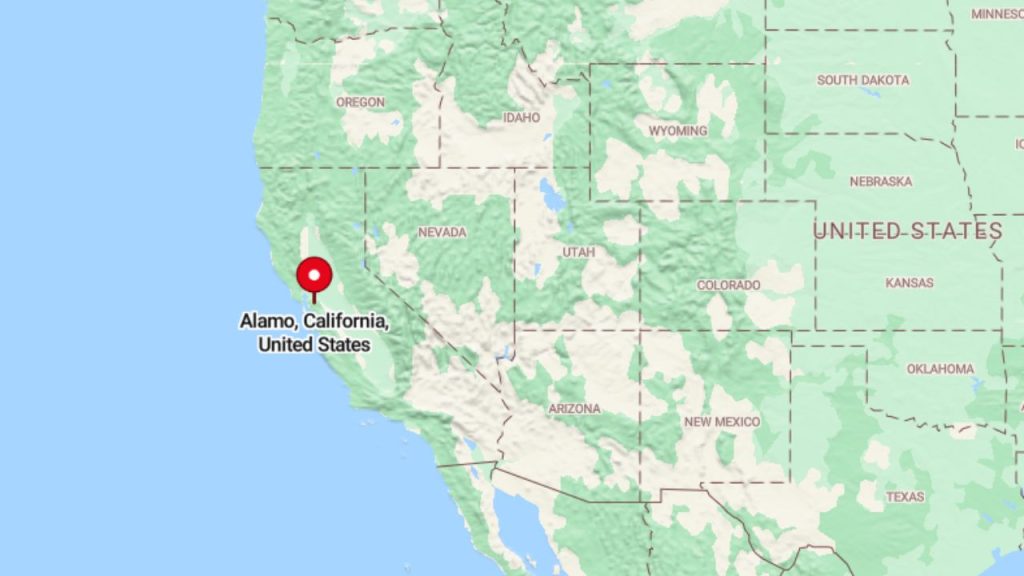 A map highlighting Alamo, California, in the United States, marked with a red pin on the western coast.