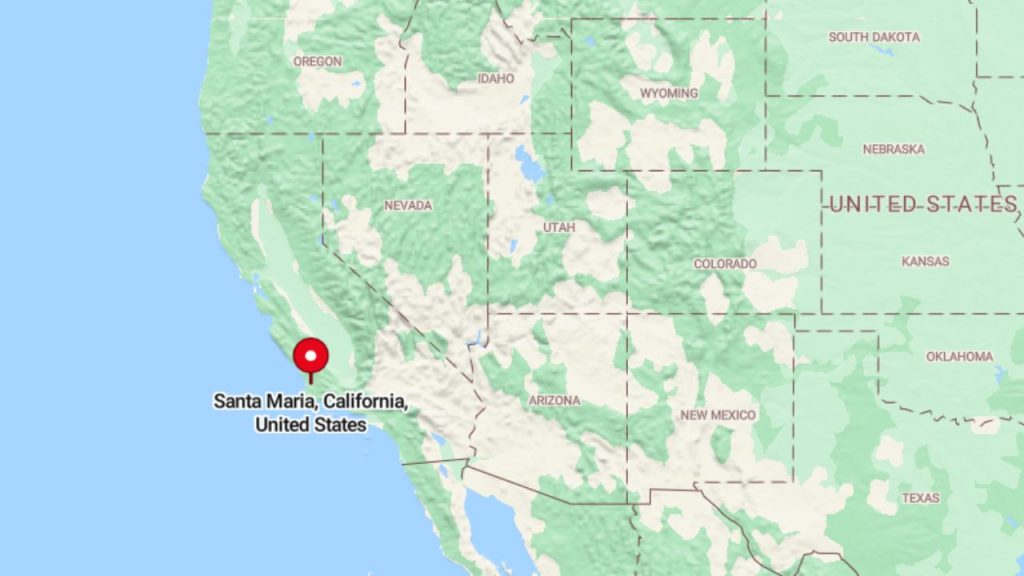 Map showing Santa Maria, California along the central coast.