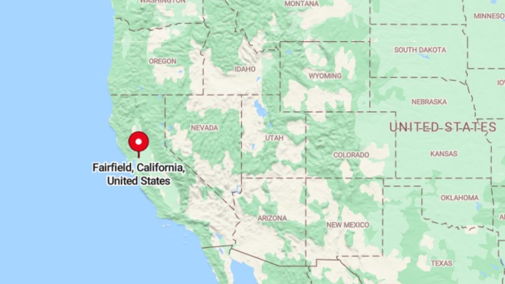 A map of the western United States with a red pin marking Fairfield, California, located between San Francisco and Sacramento in the northern part of the state.