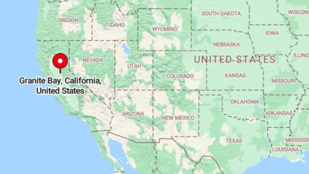 A map of the United States with a red pin marking Granite Bay, California, in the western region near Nevada.