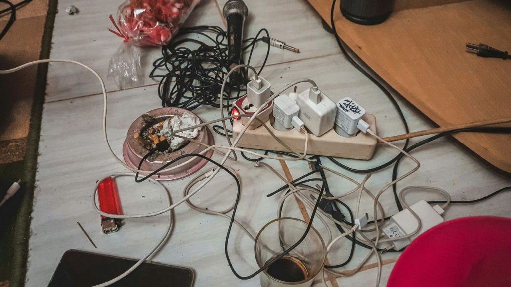 Unmanaged Cords and Chargers in a living room