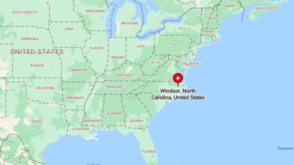 Map showing Windsor, North Carolina, in the eastern United States.