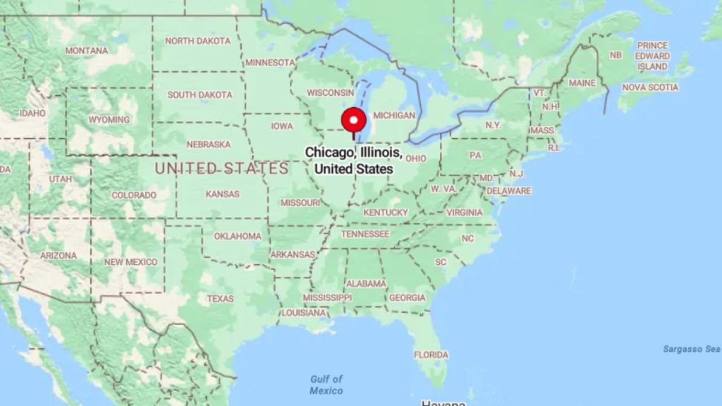 Map showing Chicago, Illinois in the U.S. Midwest.