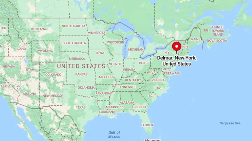 Map showing Delmar, New York, in the northeastern United States.
